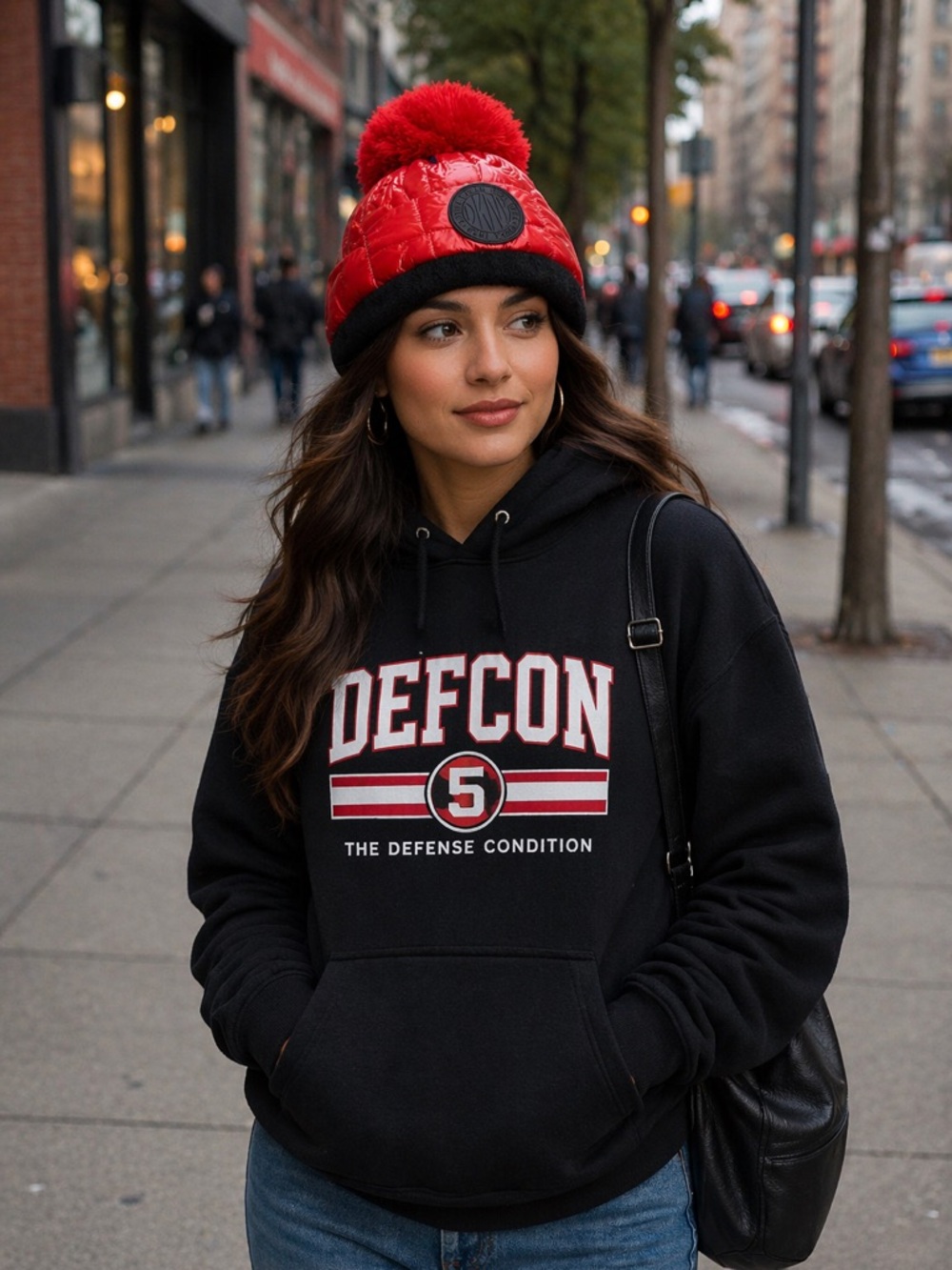 NWT DKNYC Red Quilted Hat with Black Pom-Pom